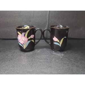 Otagiri Black Orchid Coffee Mugs, Tea‎ Cups Set of 2, Gold Trim, Vtg Floral Mugs